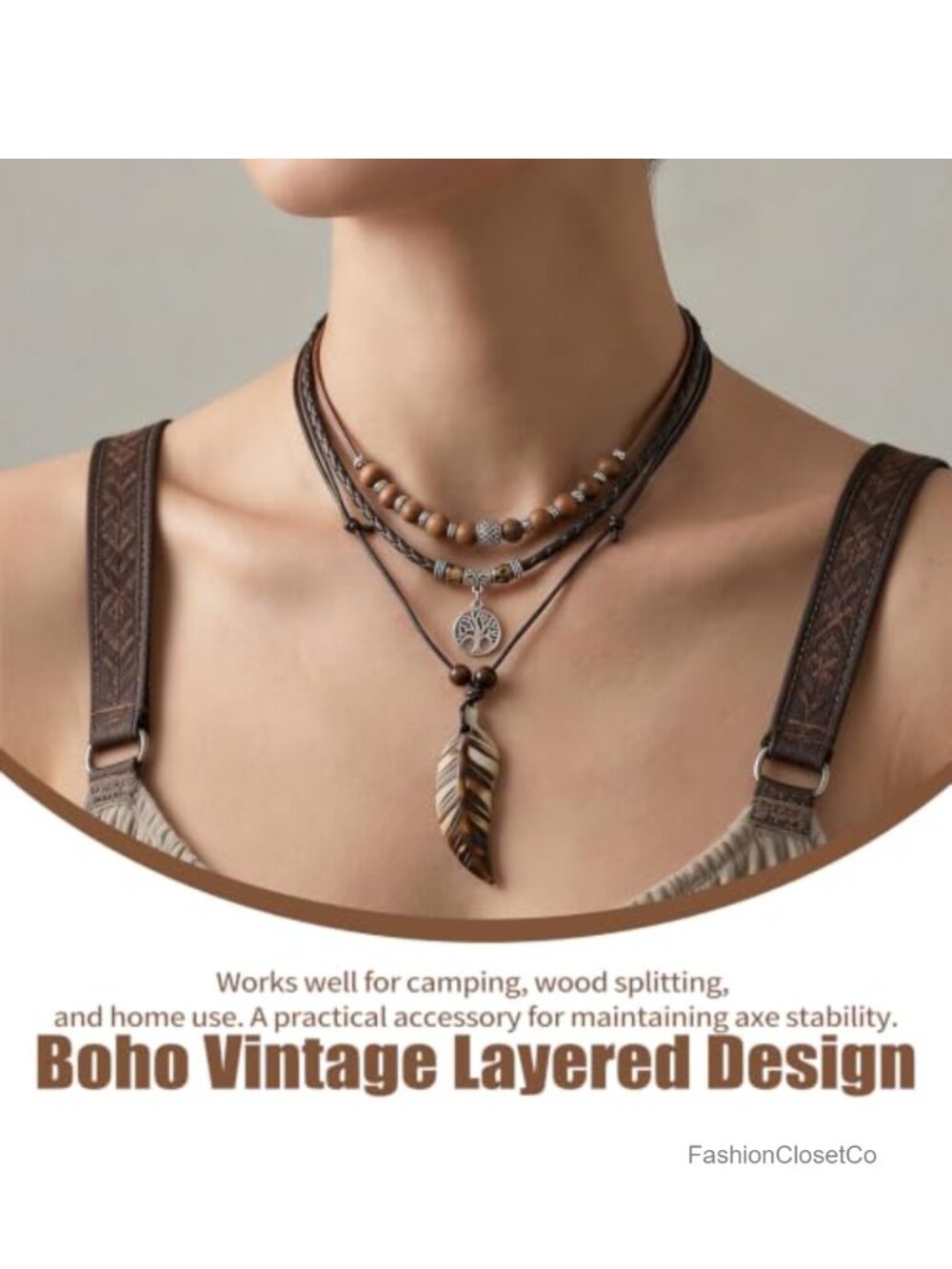 3-Layer Boho Beaded Necklace Leaf Fishbone Pendant Western Style - Picture 3 of 6